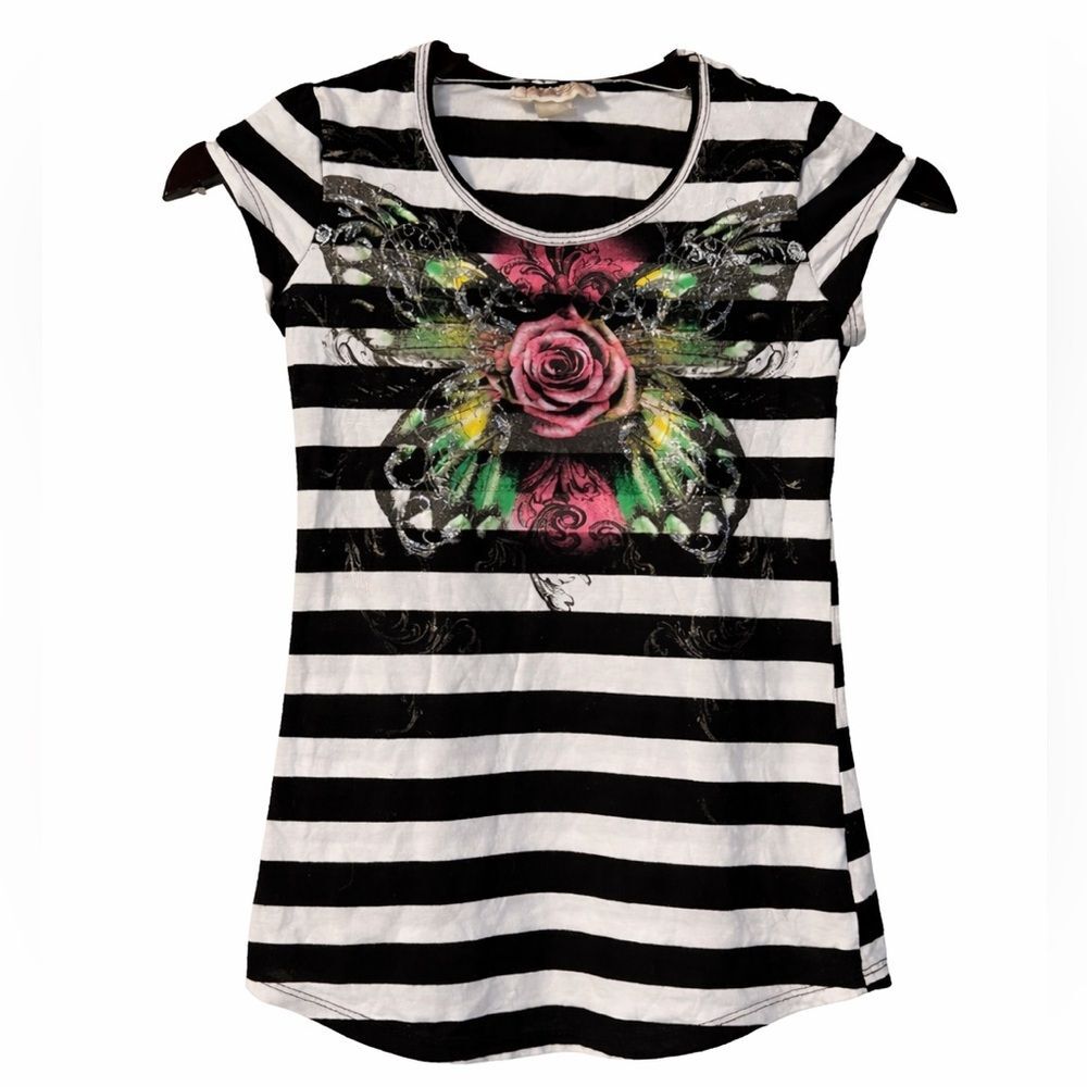 Belle du Jour Striped Rose Butterfly Graphic Tee Top Juniors Small Y2K